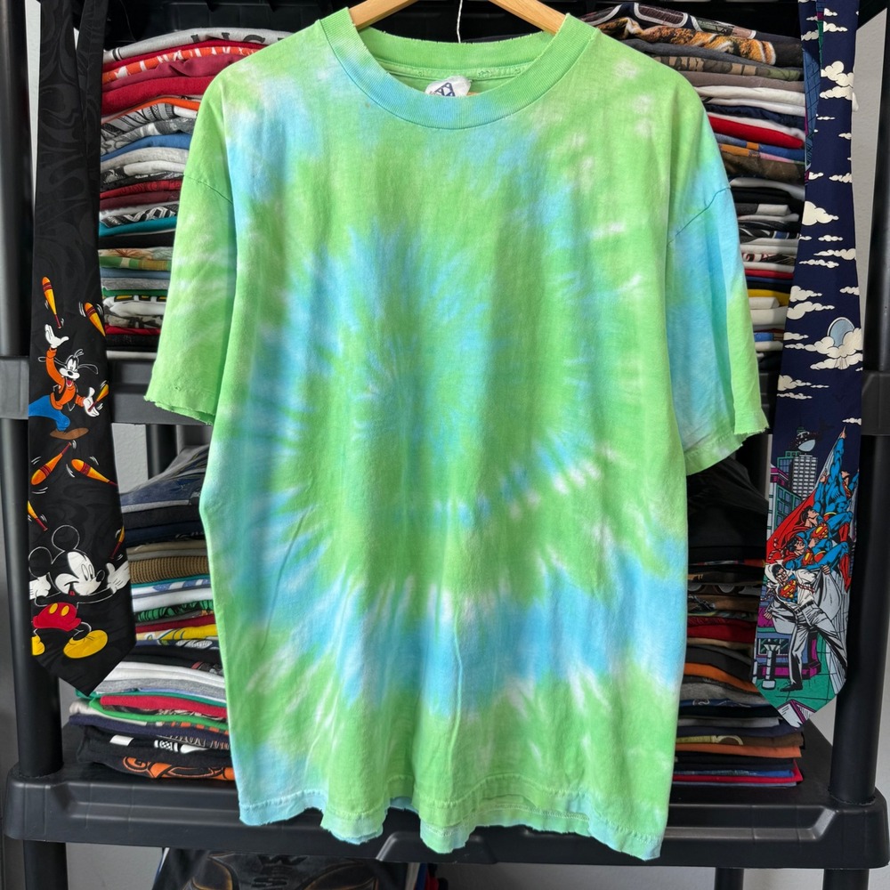 Vintage Green And Blue Spiral Tie Dye Blank T-Shirt XL Light Marks